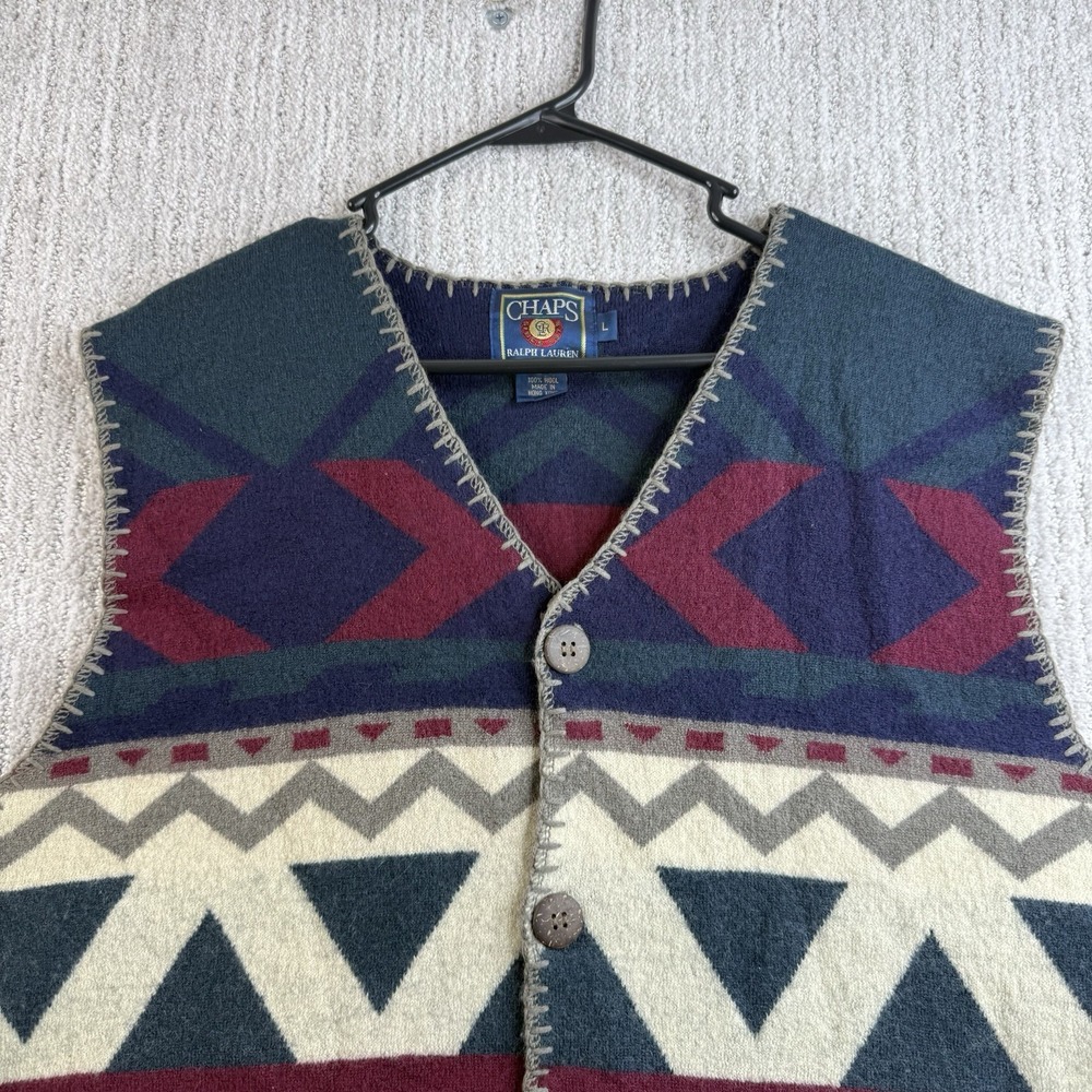 Vintage Chaps Ralph Lauren Aztec Wool Vest Men's Size Large Hong Kong - Picture 2 of 5